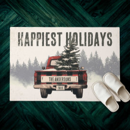 Retro Red Plaid Kersttruck Aangepaste Familienaam Deurmat
