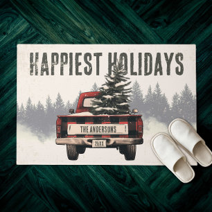 Retro Red Plaid Kersttruck Aangepaste Familienaam Deurmat
