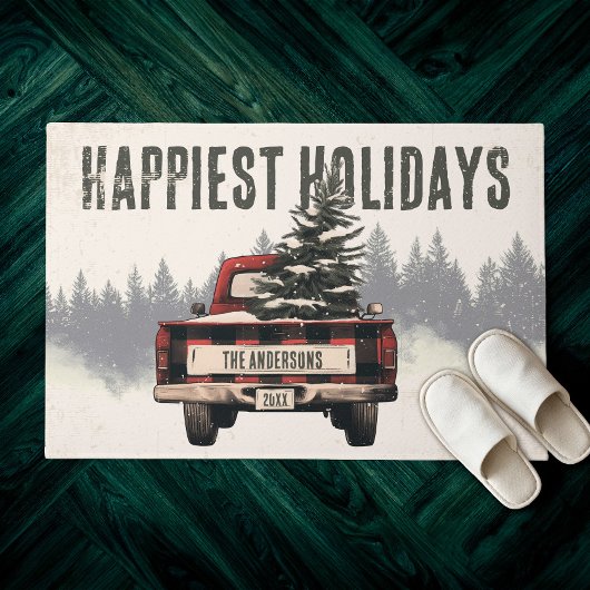 Retro Red Plaid Kersttruck Aangepaste Familienaam Deurmat