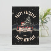 Retro Red Plaid Kersttruck Aangepaste Familienaam Feestdagenkaart (Staand voorkant)