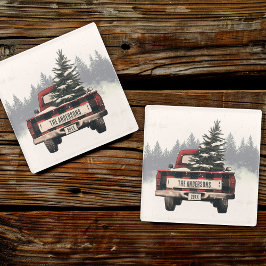 Retro Red Plaid Kersttruck Aangepaste Familienaam Glazen Onderzetter