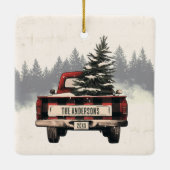Retro Red Plaid Kersttruck Aangepaste Familienaam Keramisch Ornament (Achterkant)