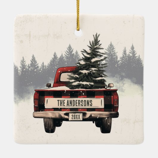 Retro Red Plaid Kersttruck Aangepaste Familienaam Keramisch Ornament (Achterkant)