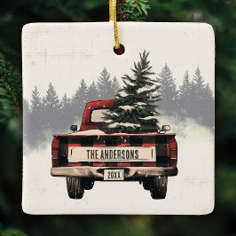 Retro Red Plaid Kersttruck Aangepaste Familienaam Keramisch Ornament