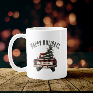 Retro Red Plaid Kersttruck Aangepaste Familienaam Koffiemok