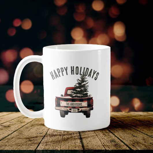 Retro Red Plaid Kersttruck Aangepaste Familienaam Koffiemok
