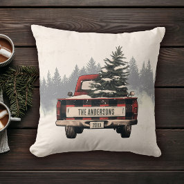 Retro Red Plaid Kersttruck Aangepaste Familienaam Kussen