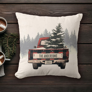Retro Red Plaid Kersttruck Aangepaste Familienaam Kussen