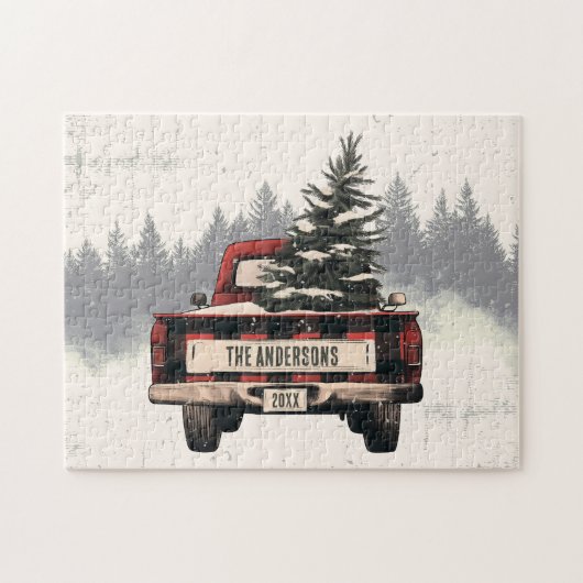 Retro Red Plaid Kersttruck Aangepaste Familienaam Legpuzzel (Horizontaal)