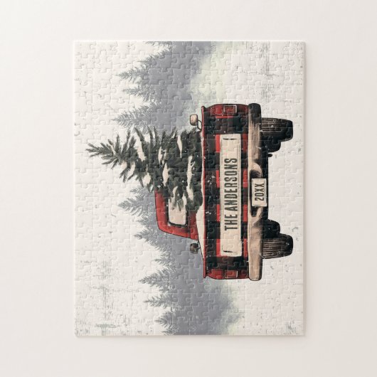Retro Red Plaid Kersttruck Aangepaste Familienaam Legpuzzel (Verticaal)