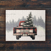 Retro Red Plaid Kersttruck Aangepaste Familienaam