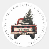Retro Red Plaid Kersttruck Aangepaste Familienaam Ronde Sticker (Voorkant)