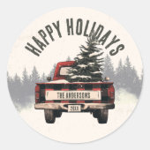 Retro Red Plaid Kersttruck Aangepaste Familienaam Ronde Sticker (Voorkant)