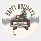 Retro Red Plaid Kersttruck Aangepaste Familienaam Ronde Sticker (Voorkant)