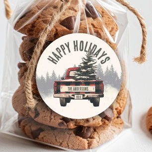 Retro Red Plaid Kersttruck Aangepaste Familienaam Ronde Sticker