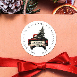 Retro Red Plaid Kersttruck Aangepaste Familienaam Ronde Sticker