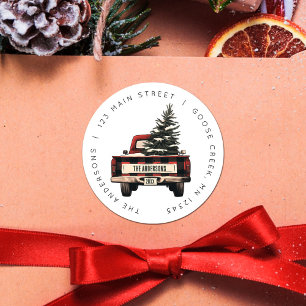 Retro Red Plaid Kersttruck Aangepaste Familienaam Ronde Sticker