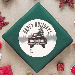 Retro Red Plaid Kersttruck Aangepaste Familienaam Ronde Sticker