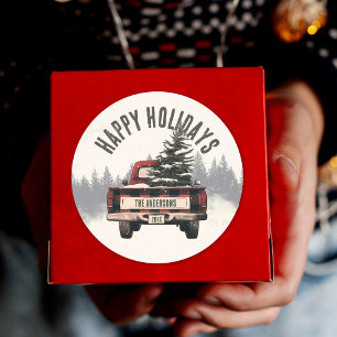 Retro Red Plaid Kersttruck Aangepaste Familienaam Ronde Sticker