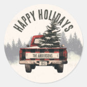 Retro Red Plaid Kersttruck Aangepaste Familienaam Ronde Sticker (Voorkant)