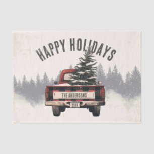Retro Red Plaid Kersttruck Aangepaste Familienaam Tissuepapier