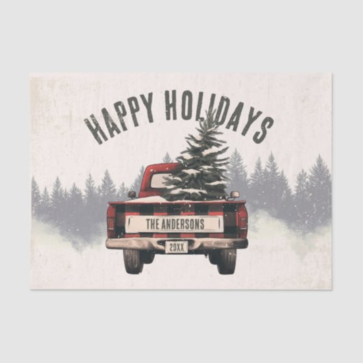 Retro Red Plaid Kersttruck Aangepaste Familienaam Tissuepapier (Voorkant)