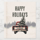 Retro Red Plaid Kersttruck Aangepaste Familienaam Wijn Etiket (Enkel label)