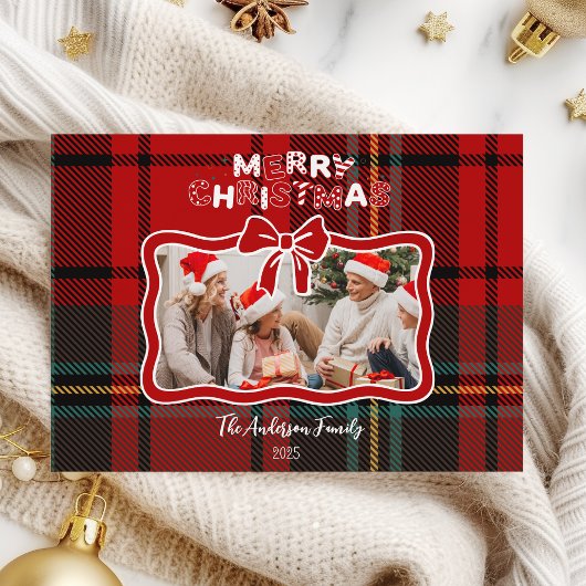 Retro Red Plaid Whimsical Christmas Feestdagenkaart