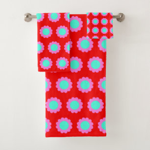 Retro Red Pop Flower Pattern Mod 60s Boho Style Bad Handdoek
