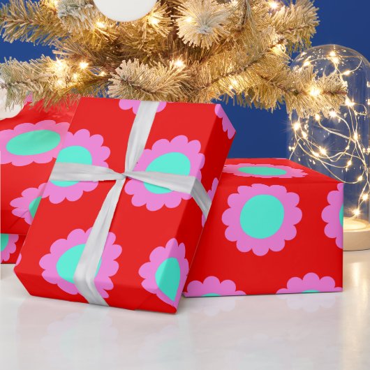 Retro Red Pop Flower Pattern Mod 60s Boho Style Cadeaupapier (Feestdagen)