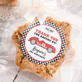 Retro Red Race Auto Snel Een Jongen Verjaardagsfee Ronde Sticker