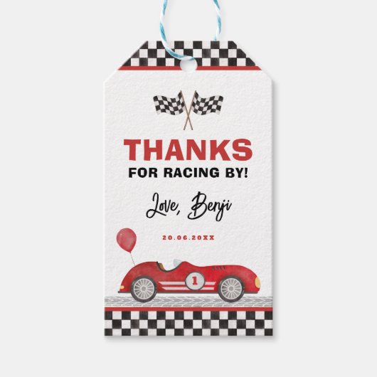 Retro Red Race Auto Snel Een Jongen Verjaardagsgun Cadeaulabel (Voorkant)