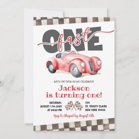 Retro Red Racing Car Snel Een 1e Verjaardag Kaart (Voorkant)