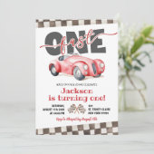 Retro Red Racing Car Snel Een 1e Verjaardag Kaart (Staand voorkant)
