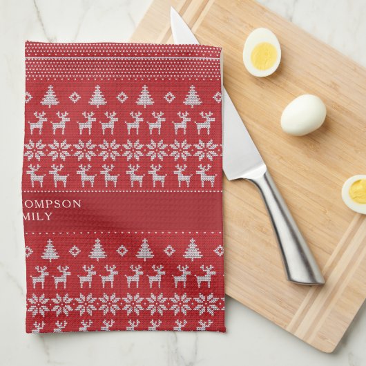 Retro Red Reindeer Monogram Nostalgische Kerstmis Theedoek (Quarter Fold)