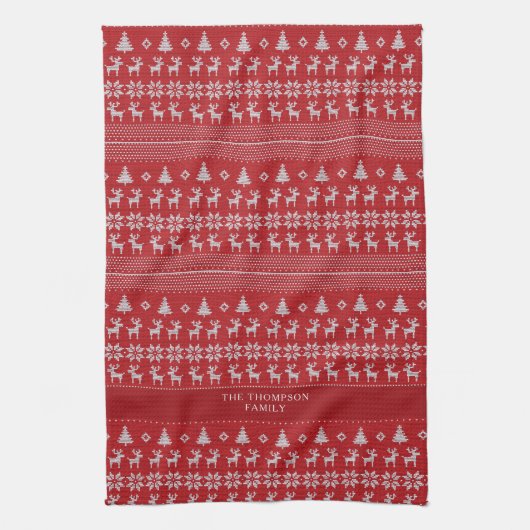 Retro Red Reindeer Monogram Nostalgische Kerstmis Theedoek (Verticaal)