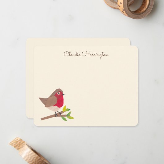 Retro Red Robin -geïnspireerde hand-geïllustreerd Notitiekaartje (Voorkant / Achterkant in situ)