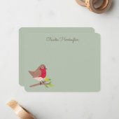 Retro Red Robin Hand-Illustrated Sage Green Notitiekaartje (Voorkant / Achterkant in situ)