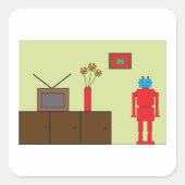 Retro Red Robot Vierkante Sticker (Voorkant)
