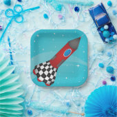 Retro Red Rocket Ship in Space Galactic Papieren Bordje (Feest)