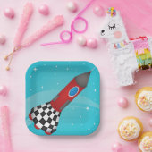 Retro Red Rocket Ship in Space Galactic Papieren Bordje (Feest)