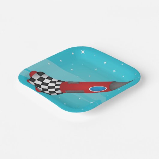 Retro Red Rocket Ship in Space Galactic Papieren Bordje (Gebogen)