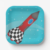 Retro Red Rocket Ship in Space Galactic Papieren Bordje (Voorkant)