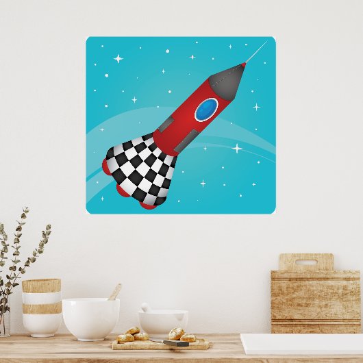 Retro Red Rocket Ship in Space Galactic Poster (Keuken)