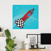 Retro Red Rocket Ship in Space Galactic Poster (Thuiskantoor)