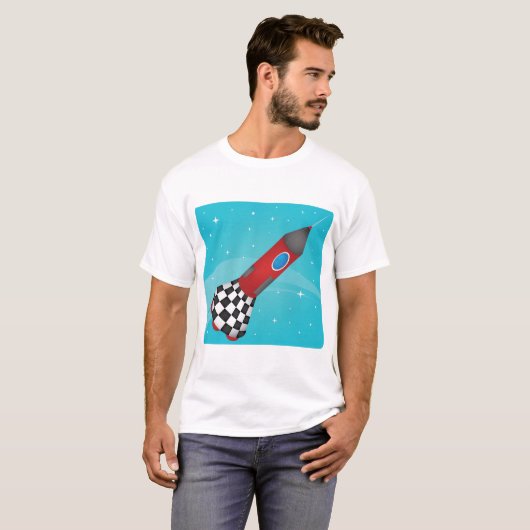 Retro Red Rocket Ship in Space Galactic T-shirt (Voorkant volledig)
