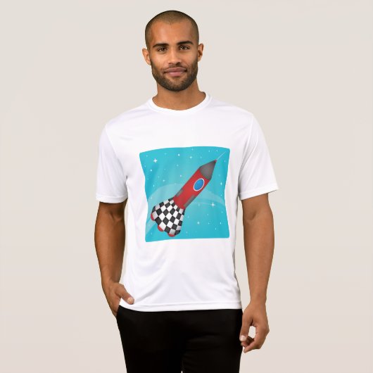 Retro Red Rocket Ship in Space Galactic T-shirt (Voorkant volledig)