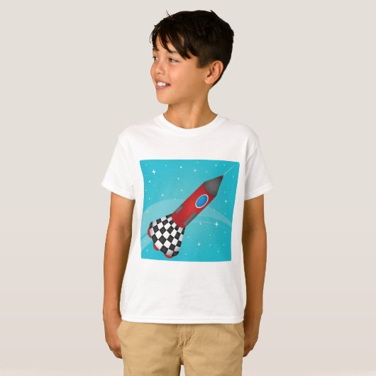Retro Red Rocket Ship in Space Galactic T-shirt (Voorkant volledig)