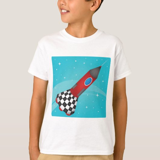 Retro Red Rocket Ship in Space Galactic T-shirt (Voorkant)