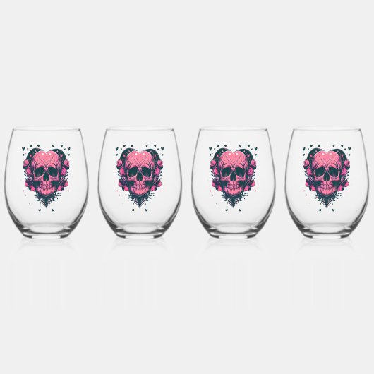 Retro Red Rose Zwarte Hart Schedel Wijnglas Zonder Voet (Voorkant)